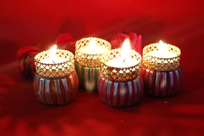 KITTU TRADING Dholki Shape Tealight Candle Holder for Decoration/Diwali Decoration/Table Top Microfibre (Pack of 4) Table Diya(Height: 3.4 inch)