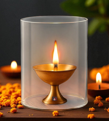 SriMaa Ventures Brass Pyali Akhand Jyoti Diya with Borosilicate Glass Cover for Home Mandir Brass, Glass Table Diya(Height: 3 inch)