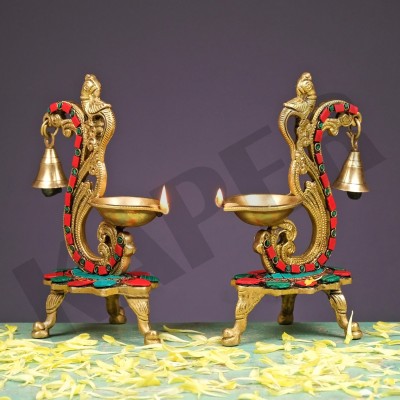 KAPER Stonework Peacock Design Antique Oil Lamp with Bell Traditional Puja Articles Brass, Stoneware (Pack of 2) Table Diya Set(Height: 8 inch)