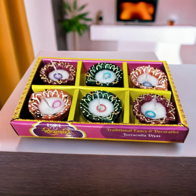 Urban Utopia 6 Pcs Wax Candle Table Diya Set for Diwali Decor Handmade Earthen Clay Wax Diyas Terracotta Table Diya Set(Height: 5 inch)