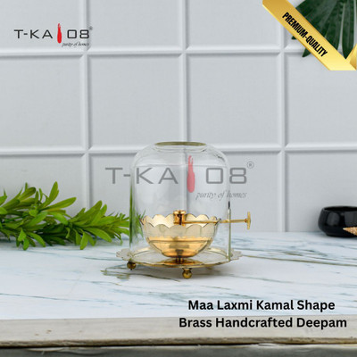 T-KA108 Maa Laxmi Kamal Shape Brass Handcrafted Akhand Deep Brass, Borosilicate Glass Table Diya Set(Height: 6 inch)