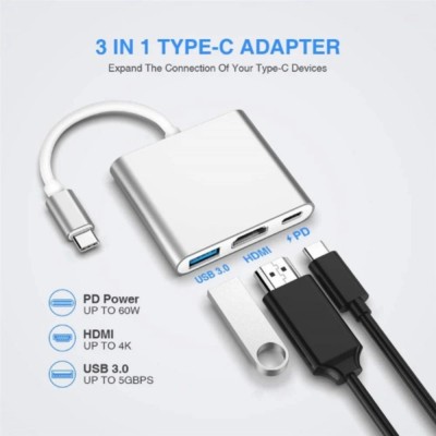 BALRAMA 3 in 1 Multiport USB C Adapter Hub USB-C Port to HDMI + USB C PD Port + USB 3.0 Compatibility of Most Monitors, Projectors, Hdtvs Other Devices with Hdmi Port 3 in 1 Multiport USB C adapter expand one USB-C port to HDMI 4K output port(Silver White)