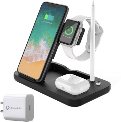 Ultraprolink 4 in 1 Wireless Charger 15W Slim Foldable Charging Station UM1006N Comes with Charger PD20W for iPhone,Apple Pencil,Watch,& Airpods (15W)(Black)