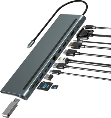RuhZa USB C Hub, USB C Docking Station - 12 in 1 Triple Display USB C Adapter with 4K HDMI, VGA, DP, USB3.0/2.0, USB-C Gigabit Ethernet, Audio, SD/TF Card USB Hub(Silver)