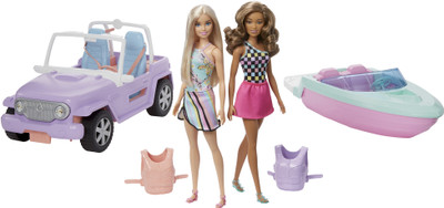 BARBIE Giftset with 2 Dolls, Off-Road Vehicle, Floating Boat & 2 Life Vests(Multicolor)
