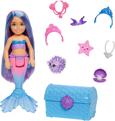 BARBIE Chelsea Mermaid Doll (Blue & Purple Hair) 2 Pets,Treasure Chest & Accessories(Multicolor)