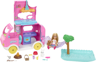 BARBIE Chelsea 2-in-1 Camper Playset with Chelsea Small Doll, 2 Pets & 15 Accessories(Multicolor)