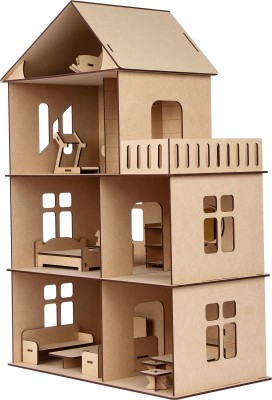 NEKBAL DIY Wooden Dollhouse and Furniture for kids(Beige)