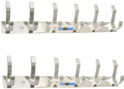 COSSIMO -CHS- 02 High Grade Stainless Steel 6 Pin Cloth Hanger Bathroom, Kitchen, Wall Wardrobe Door, Hooks For Hanging keys, Clothes Holder Hook Rail - Set of 2 Pcs Door Hanger