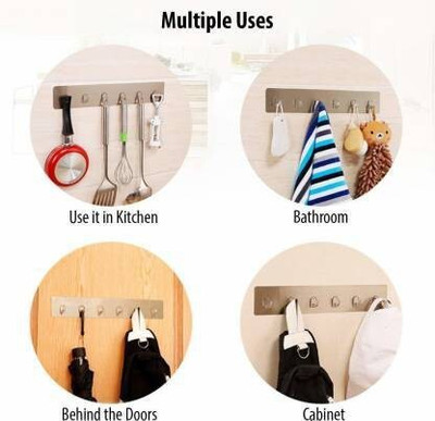 eshopy Self Adhesive Heavy Duty Hook Rail with 6 Hooks (No Drill/Nail) HG016 Hook Rail 6(Pack of 1)