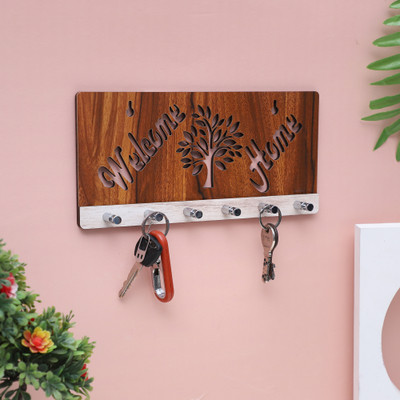 OCHHAV Home Key with Self Adhesive Wall Mounting & 6 Modern Steel Key Hooks for Home. Wood Key Holder(6 Hooks, Brown)