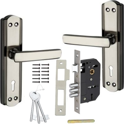 BUCKLER Black Silver 7 Inch Mortise Handle with 65MM Bullet Lock Set Iron, Brass Door Handle(Black, Silver Pack of 1)