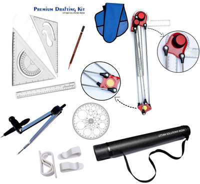 Uttam Drawing Mini Drafter, Container, Compass, Set Squares, Pro Circle, Ruler, Clips, Drafting Kit(Pack of 9)