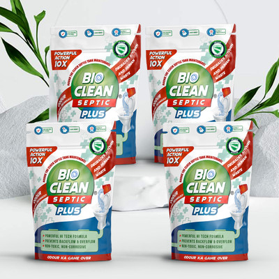 Bioclean Septic 10X Power Septic Tank Cleaner & Odour Remover for Severe Problems Powder Drain Opener(1 kg, Pack of 4)