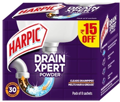 Harpic Drain Xpert Drain Cleaner Powder (50g x 8) | Effective Sink Cleaner, Powder Drain Opener(400 g)