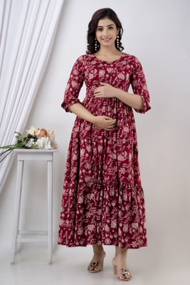 Henal Women Fit and Flare Maroon, White Maxi/Full Length Dress