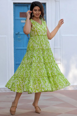 zonpik Women Maxi Green, White Midi/Calf Length Dress