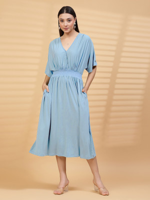 Zelena Women A-line Blue Midi/Calf Length Dress