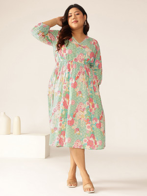 Janasya Women A-line Green Midi/Calf Length Dress