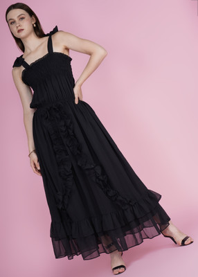 Ghunawali Women Fit and Flare Black Maxi/Full Length Dress