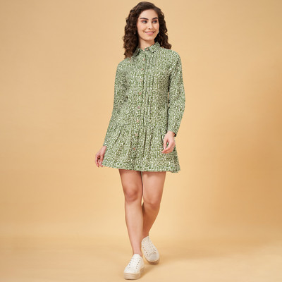 YU by Pantaloons Women A-line Dark Green, White Above Knee/Mid Thigh Length Dress
