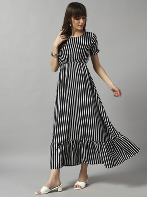 Jash Creation Women Fit and Flare Black, White Maxi/Full Length Dress
