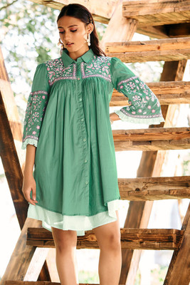 KAFTANIZE Women Shirt Green Knee Length Dress