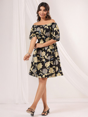 Janasya Women A-line Black Knee Length Dress