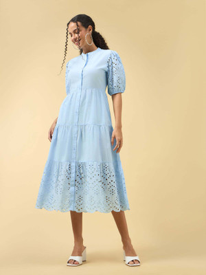 OUTZIDR Women A-line Blue Below Knee Dress