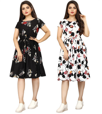 HouseOfCommon Women A-line Black, White Knee Length Dress