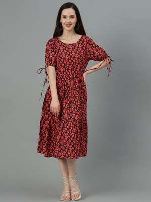KOTTY Women Fit and Flare Black, Brown, Red Midi/Calf Length Dress