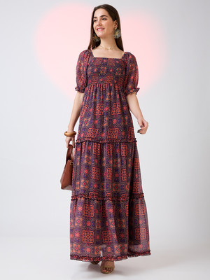 Globus Women Fit and Flare Multicolor Maxi/Full Length Dress