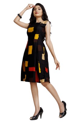 ShopGlobal Women Skater Black, Multicolor Dress