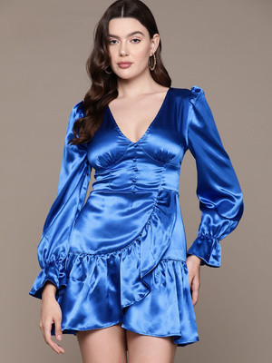 bebe Women Fit and Flare Blue Mini/Short Dress
