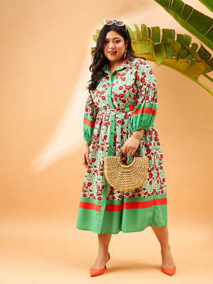 SASSAFRAS Curve Women Fit and Flare Green Midi/Calf Length Dress