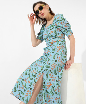 CAMPUS SUTRA Women A-line Light Blue, Green, Pink Midi/Calf Length Dress
