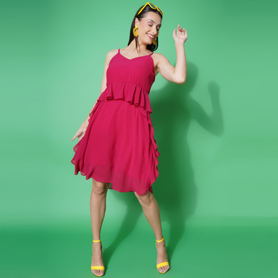 KATLINE Women Fit and Flare Pink Knee Length Dress