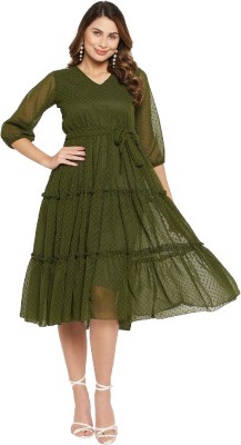 AINE Women Fit and Flare Dark Green Dress