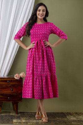 Jollity Women Fit and Flare Pink Midi/Calf Length Dress