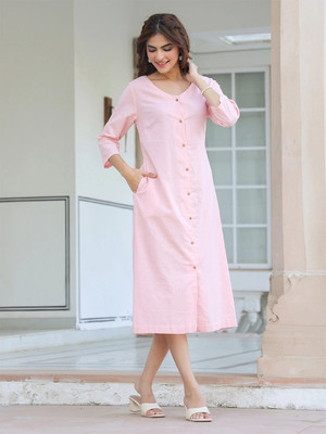 Janasya Women A-line Pink Midi/Calf Length Dress