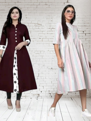 Texpamz Women Striped A-line Kurta(Red, White)