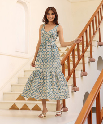 Janasya Women Tiered Beige Midi/Calf Length Dress