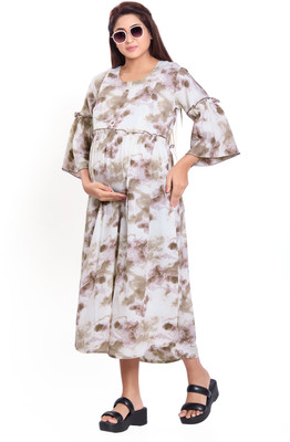 KAITEI Women Fit and Flare Brown, White Ankle Length Dress