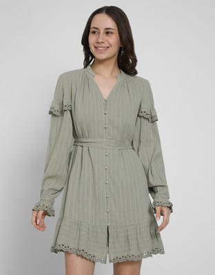 American Eagle Women Fit and Flare Green Above Knee/Mid Thigh Length Dress