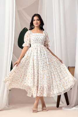 IRONIC CREATION Women Fit and Flare White Midi/Calf Length Dress