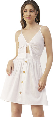 moomaya Women A-line White Above Knee/Mid Thigh Length Dress