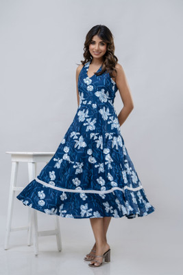 PINK VYBE Women A-line Dark Blue, Blue, White Midi/Calf Length Dress