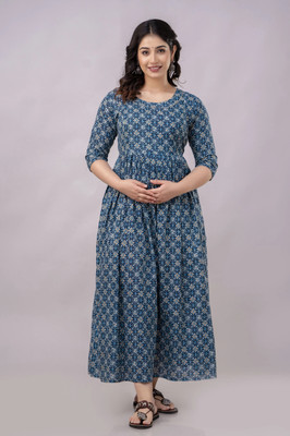 AAVRITTIQUEENS Women Fit and Flare Blue Midi/Calf Length Dress