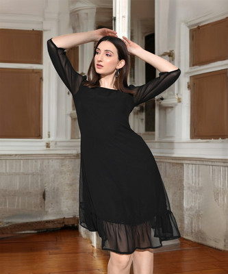SAKSHI TRADER Women Fit and Flare Black Midi/Calf Length Dress