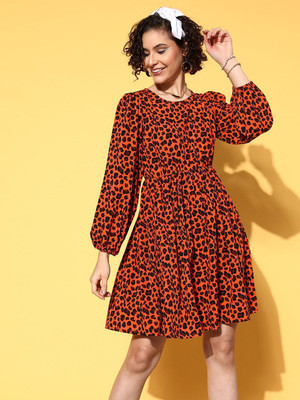 PLUSS Women A-line Orange, Black Above Knee/Mid Thigh Length Dress